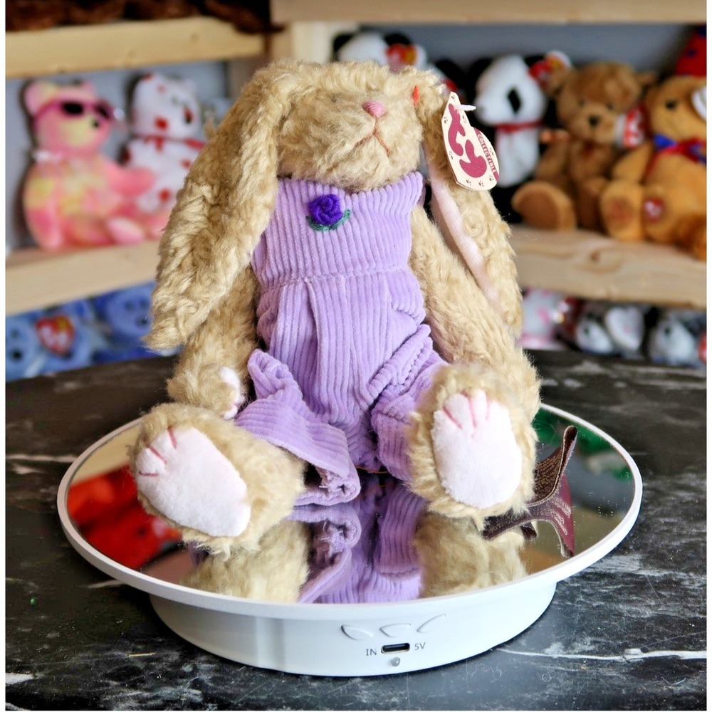 Ty Attic Treasures Iris the Bunny Tan Plush Rabbit Purple Corduroy Jumper 6077